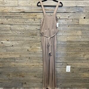 NWT Fray Women's Smocked Top Wide Leg Brown Jumpsuit Romper Size Small Front Tie